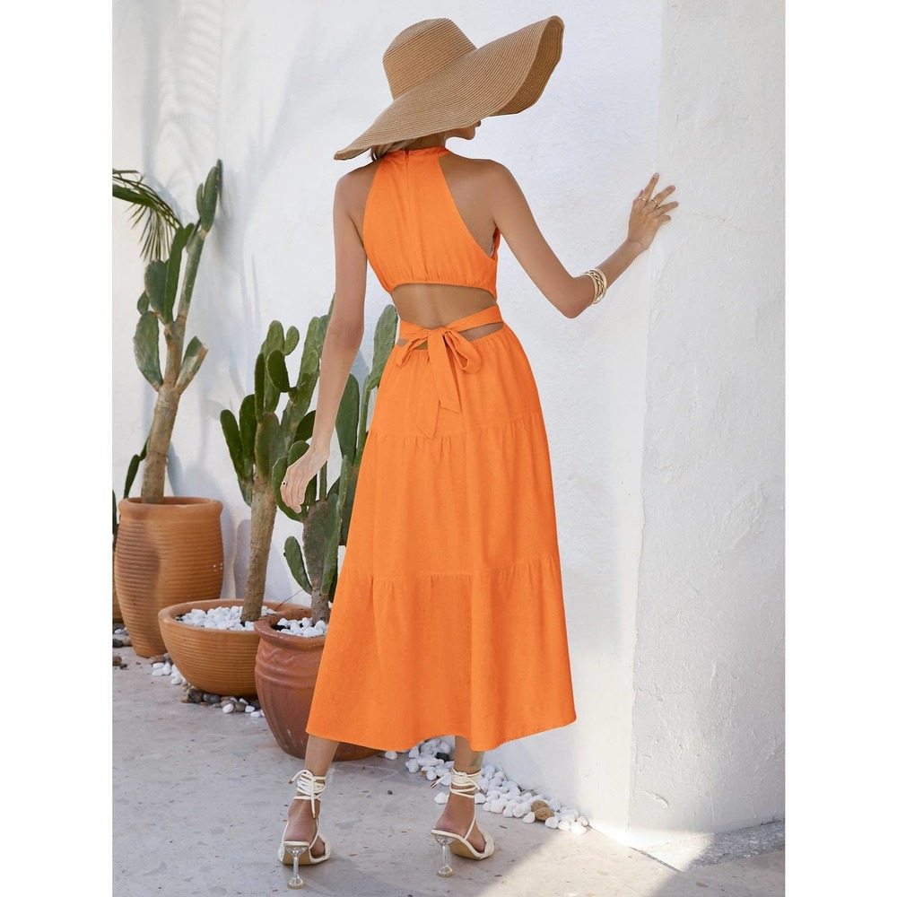 boho Solid Layered Hem Halter Neck Cut Out Waist maxi Dress - Picture 9 of 11